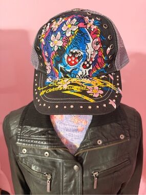 Vintage Ed Hardy Trucker Hat Mesh Skull Floral Graphic Print Rhinestone One Size